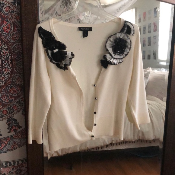 Cream with Black  women’s button up sweater - Picture 4 of 4